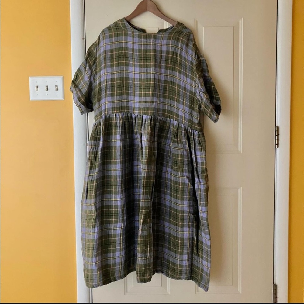 Emiko Studios Kozo Dress, Short Sleeve, Lilac/Green Tartan Linen